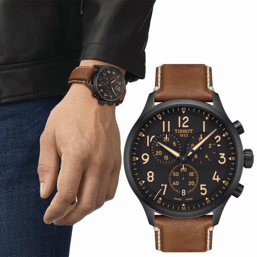    Chrono Chronograph Brown Leather Strap Men Watch T1166173605203