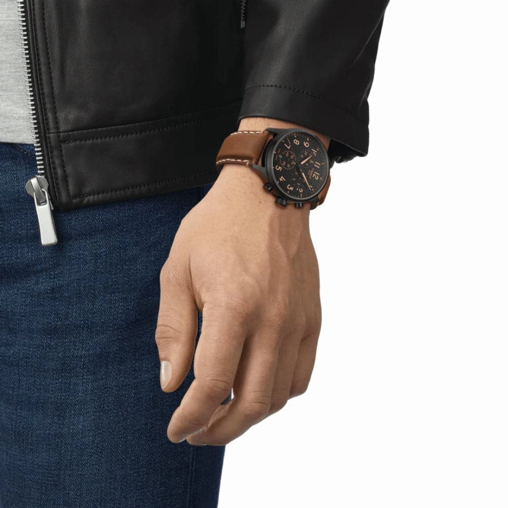    Chrono Chronograph Brown Leather Strap Men Watch T1166173605203