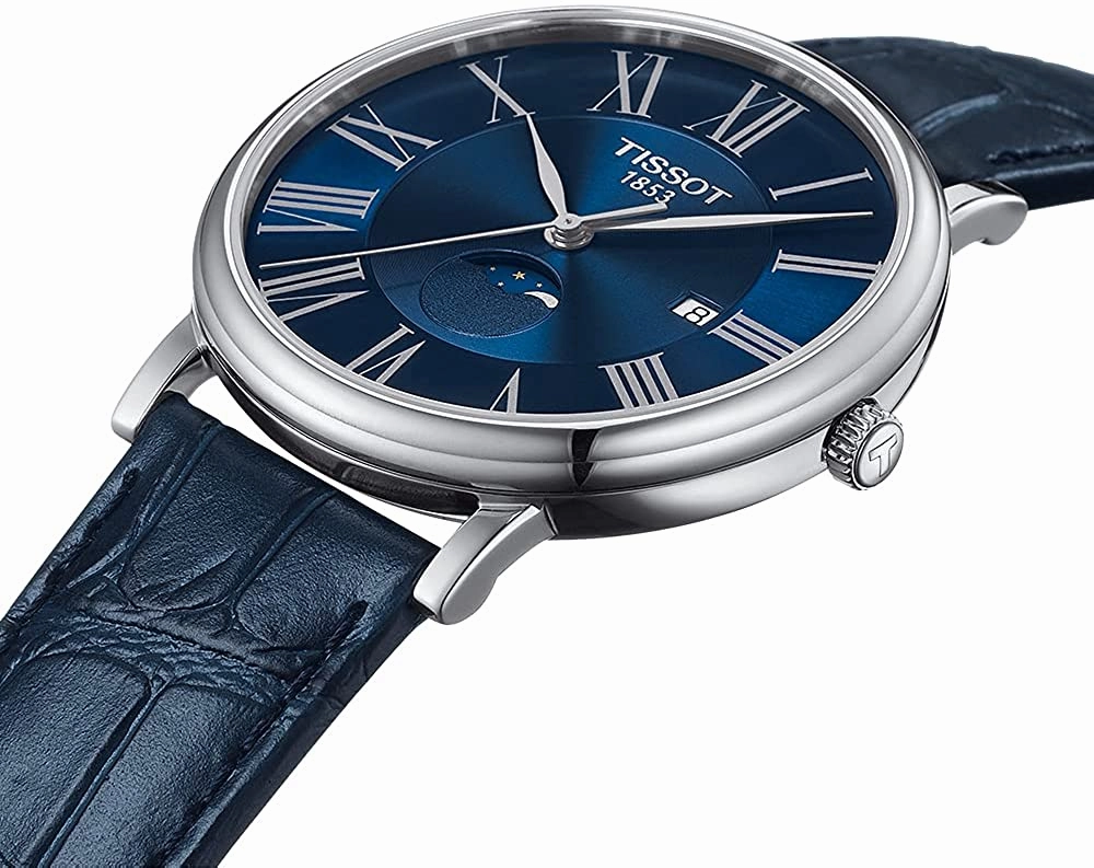    Men's Carson Moonphase 316L Stainless Steel case Swiss Quartz Watch with Leather Strap, Blue, 20 (Model: T1224231604300)