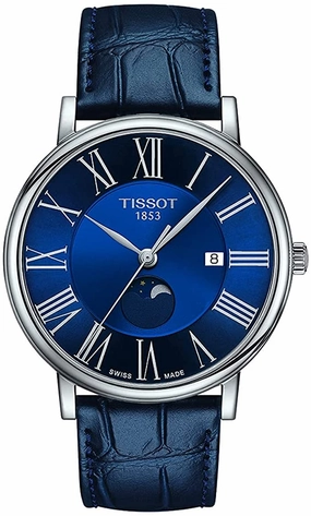    Men's Carson Moonphase 316L Stainless Steel case Swiss Quartz Watch with Leather Strap, Blue, 20 (Model: T1224231604300)    affordable watches    limited edition watches luxury watches