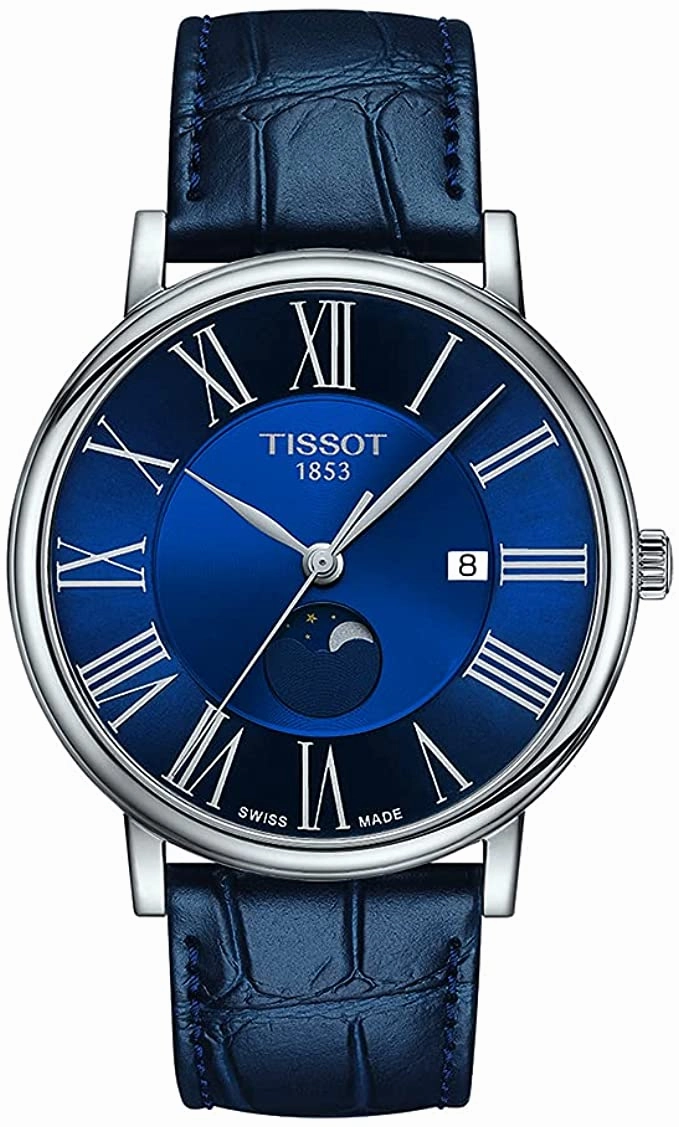    Men's Carson Moonphase 316L Stainless Steel case Swiss Quartz Watch with Leather Strap, Blue, 20 (Model: T1224231604300)    affordable watches    limited edition watches luxury watches
