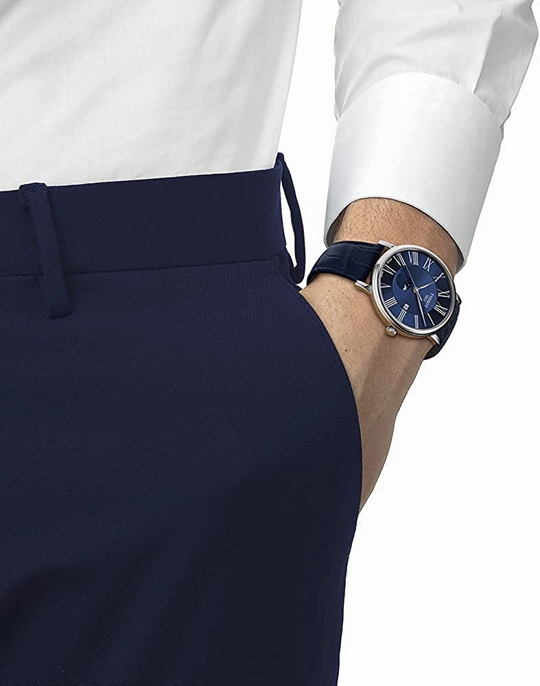    Men's Carson Moonphase 316L Stainless Steel case Swiss Quartz Watch with Leather Strap, Blue, 20 (Model: T1224231604300)