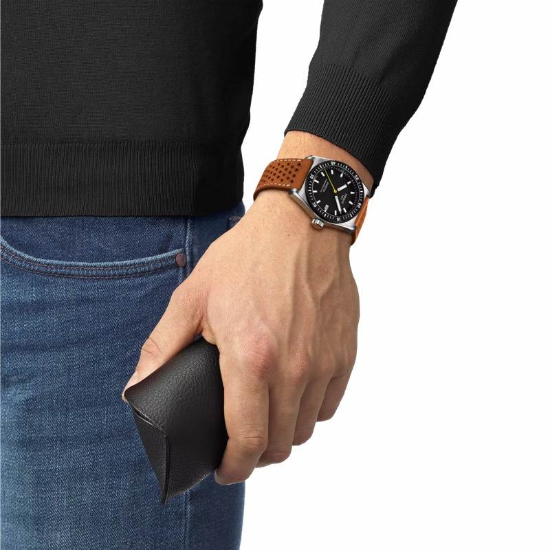    PR516 POWERMATIC 80 T1494071605100 38mm BLACK DIAL BROWN LEATHER STRAP WATCH