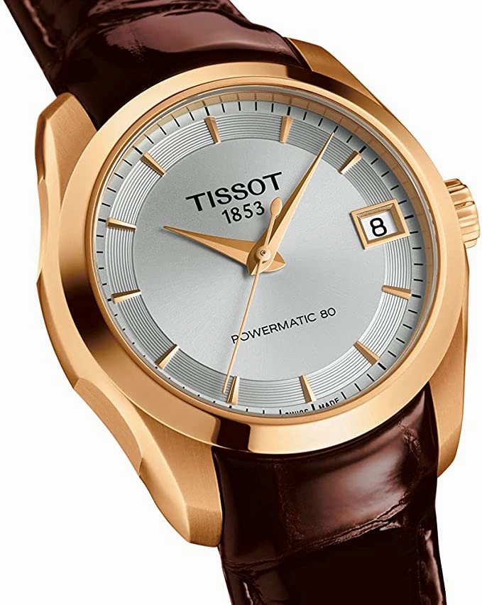    Women's Couturier 316L Stainless Steel case with Rose Gold PVD Coating Swiss Automatic Watch with Leather Strap, Brown, 18 (Model: T0352073603100)