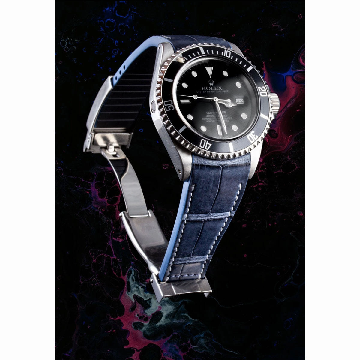 a??Rolex - R Strap premium leather watchstrap - Alligator / crocodile  (black, white, brown, blue, light kaki) with white stitching