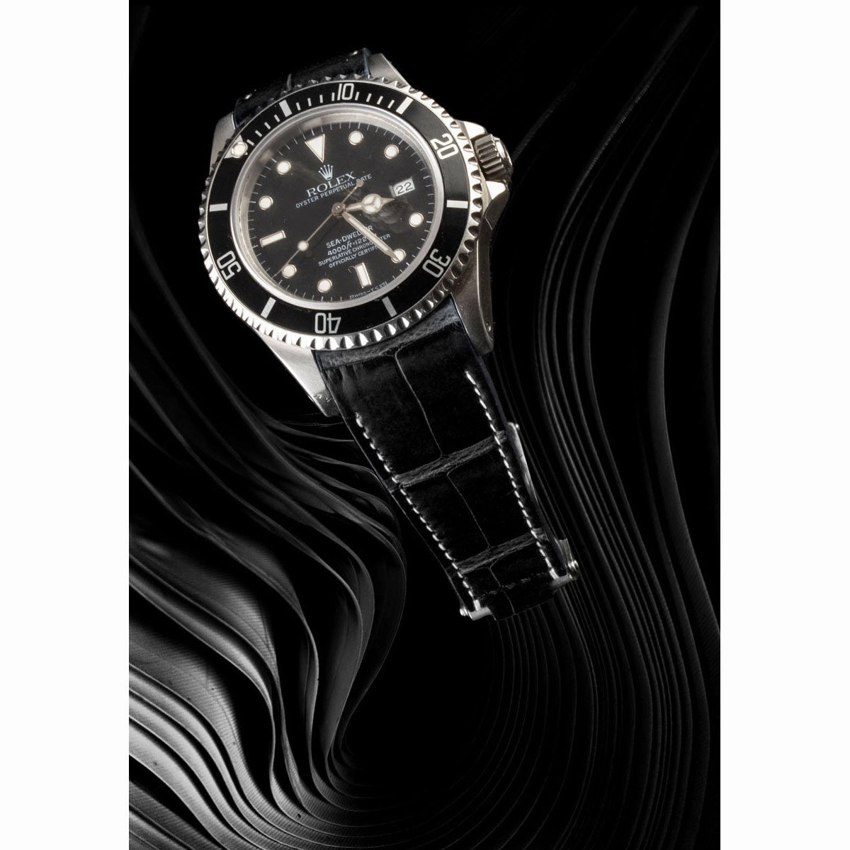 a??Rolex - R Strap premium leather watchstrap - Alligator / crocodile  (black, white, brown, blue, light kaki) with white stitching