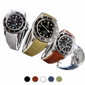a??Rolex - R Strap premium leather watchstrap - Alligator / crocodile  (black, white, brown, blue, light kaki) with white stitching Luxury watch bands Limited edition watch bands