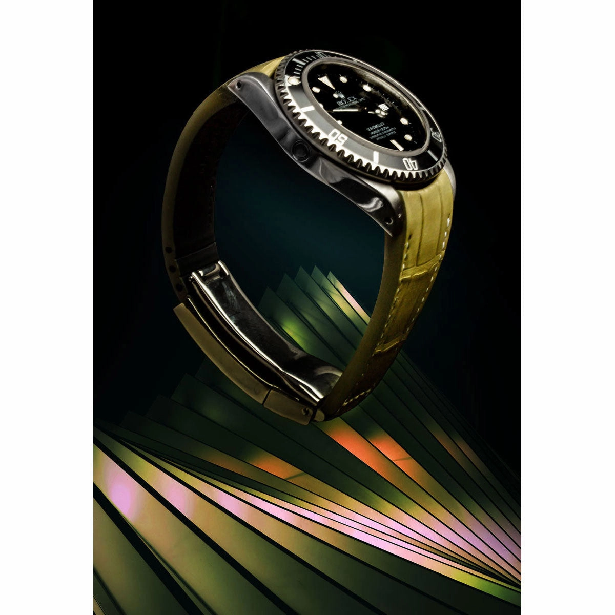 a??Rolex - R Strap premium leather watchstrap - Alligator / crocodile  (black, white, brown, blue, light kaki) with white stitching