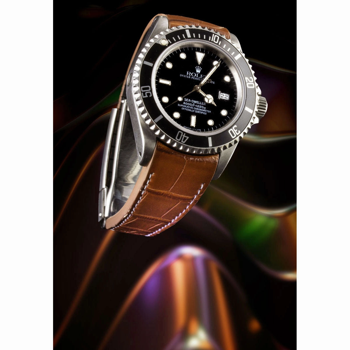 a??Rolex - R Strap premium leather watchstrap - Alligator / crocodile  (black, white, brown, blue, light kaki) with white stitching