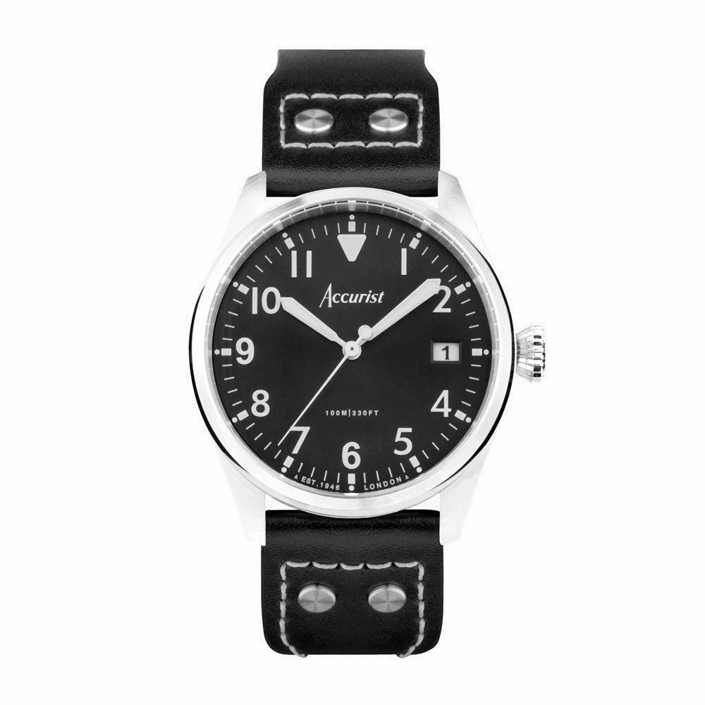 Accurist Aviation Mens Watch 76004 Black Leather Strap 