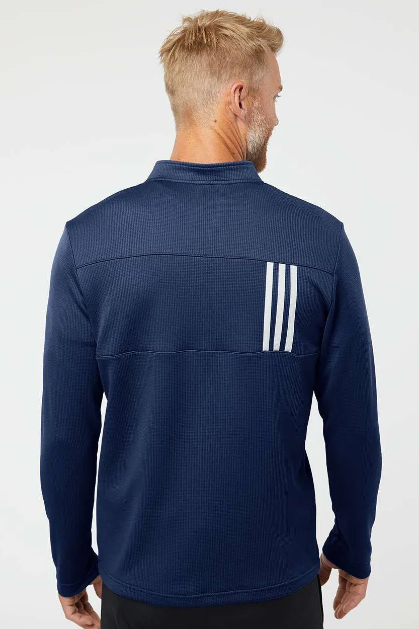 Adidas Mens 3 Stripes Double Knit Moisture Wicking 1/4 Zip Sweatshirt - Team Navy Blue/Grey
