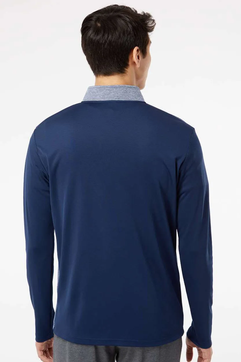 Adidas Mens Heather Block Print Moisture Wicking 1/4 Zip Sweatshirt - Collegiate Navy Blue Melange/Navy Blue/Grey