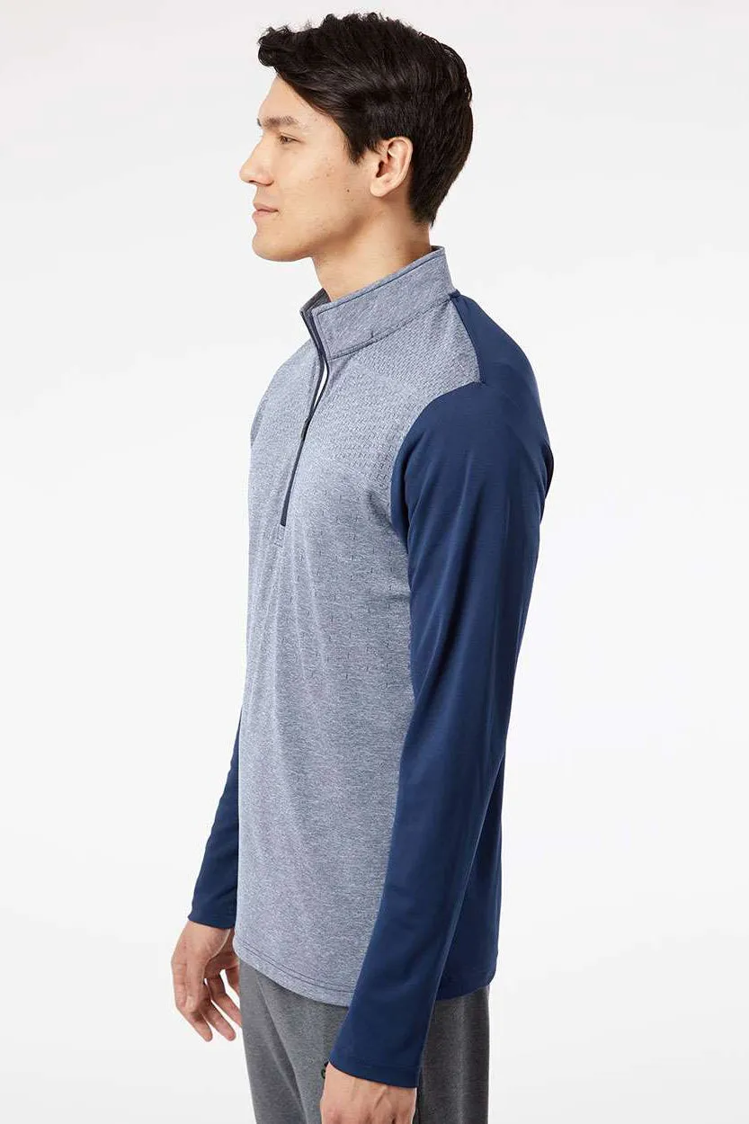 Adidas Mens Heather Block Print Moisture Wicking 1/4 Zip Sweatshirt - Collegiate Navy Blue Melange/Navy Blue/Grey