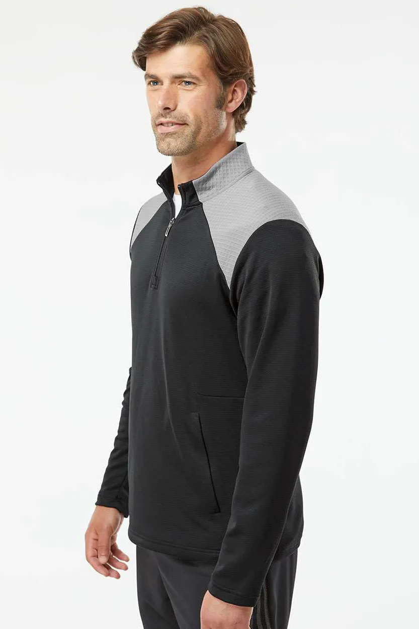 Adidas Mens Textured Mixed Media 1/4 Zip Sweatshirt w/ Pockets - Black/Grey