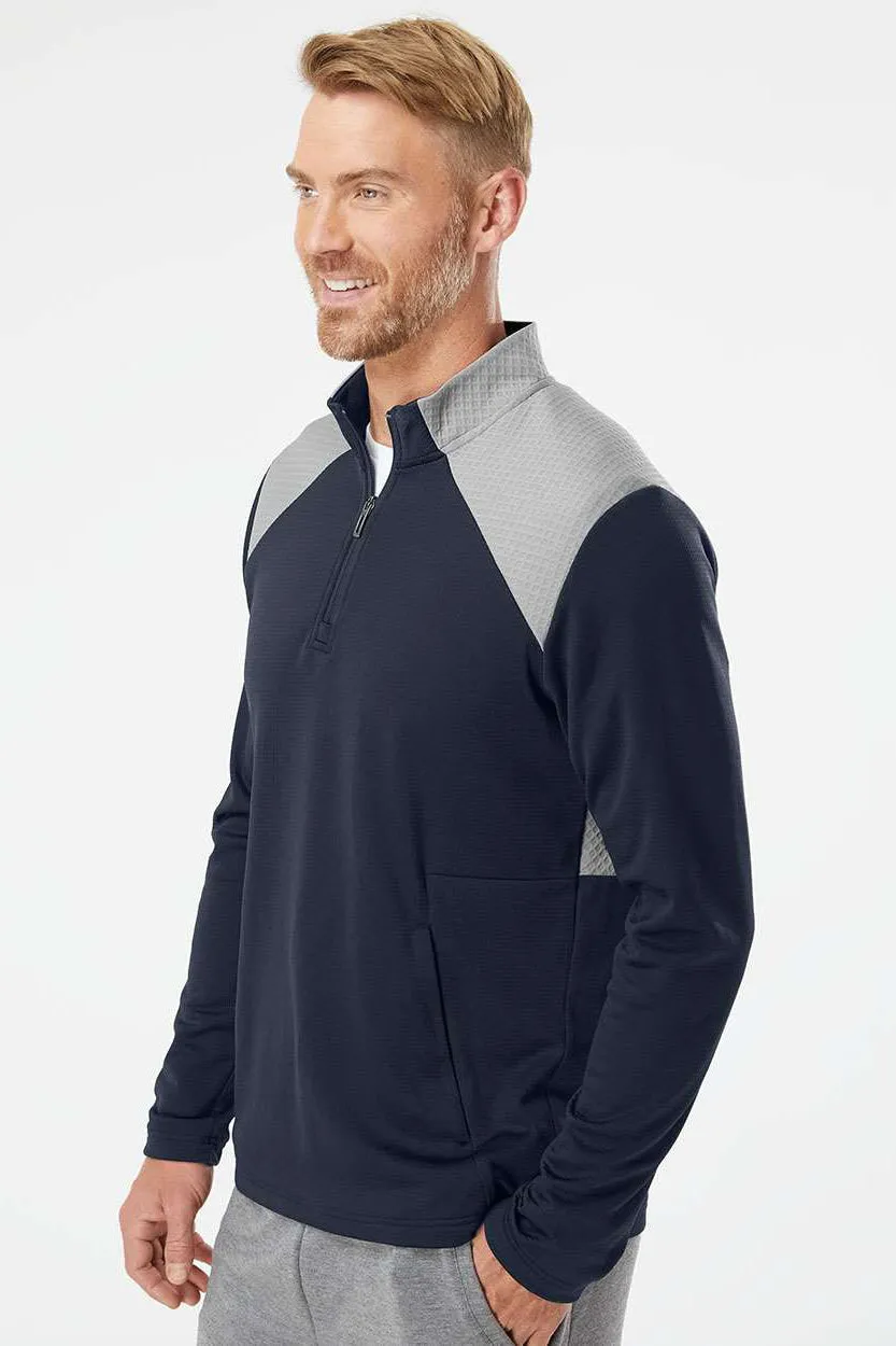 Adidas Mens Textured Mixed Media 1/4 Zip Sweatshirt w/ Pockets - Collegiate Navy Blue/Grey