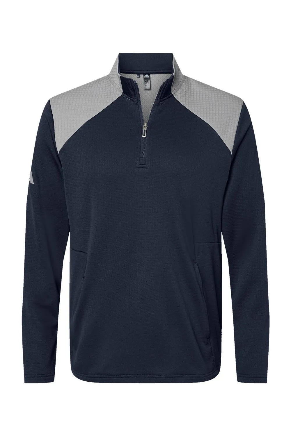 Adidas Mens Textured Mixed Media 1/4 Zip Sweatshirt w/ Pockets - Collegiate Navy Blue/Grey