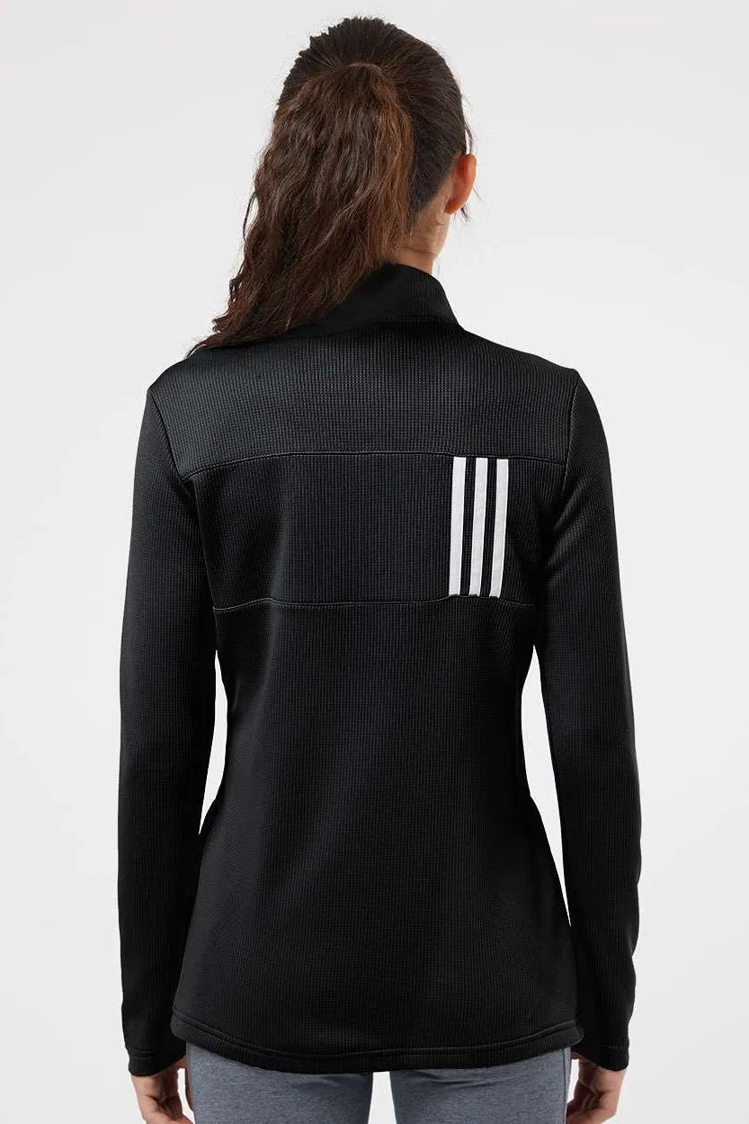 Adidas Womens 3 Stripes Double Knit Moisture Wicking 1/4 Zip Sweatshirt w/ Pockets - Black