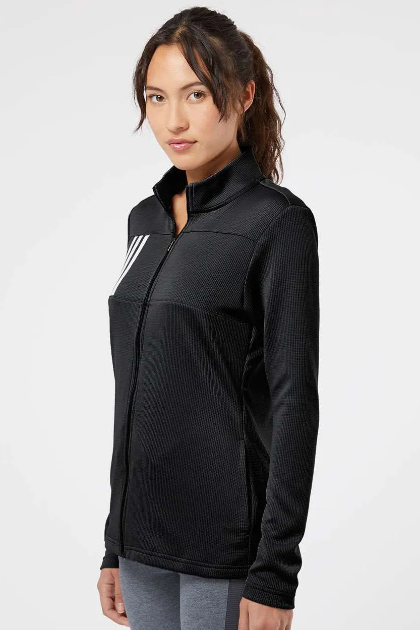 Adidas Womens 3 Stripes Double Knit Moisture Wicking 1/4 Zip Sweatshirt w/ Pockets - Black