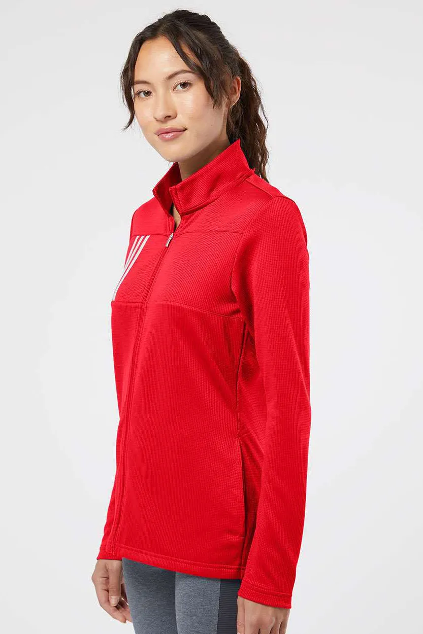Adidas Womens 3 Stripes Double Knit Moisture Wicking 1/4 Zip Sweatshirt w/ Pockets - Team Collegiate Red/Grey