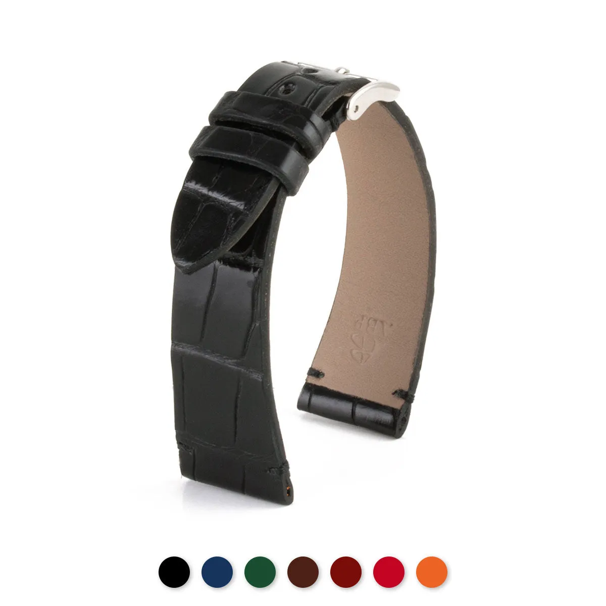 a??"Retro" watchband - Shiny alligator leather strap (black, blue, green, brown, burgundy, red, orange)