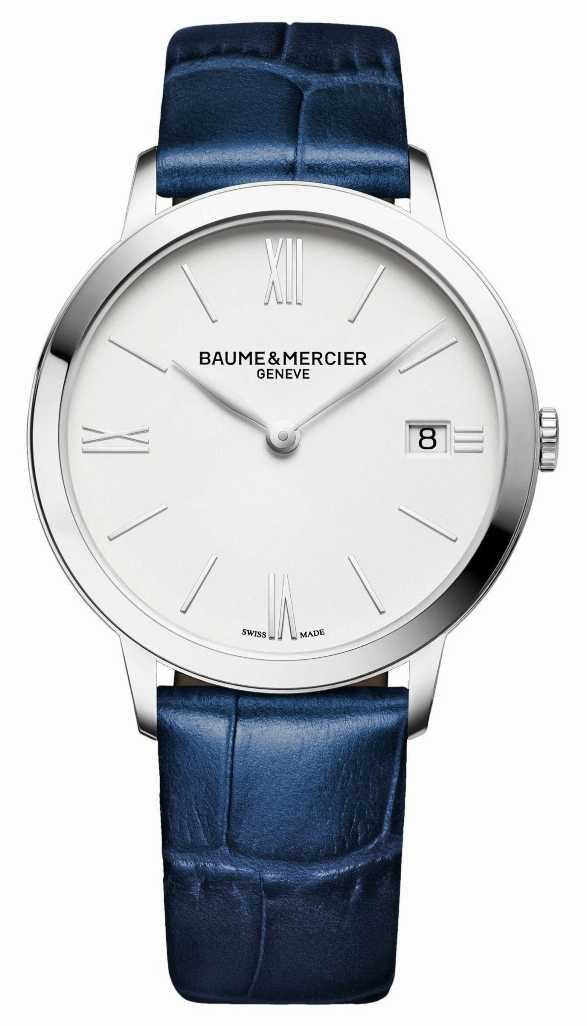 Baume & Mercier Classima White Dial Blue Leather Strap Date Quartz Womens Watch M0A10355 Women??s luxury watches Affordable women watches