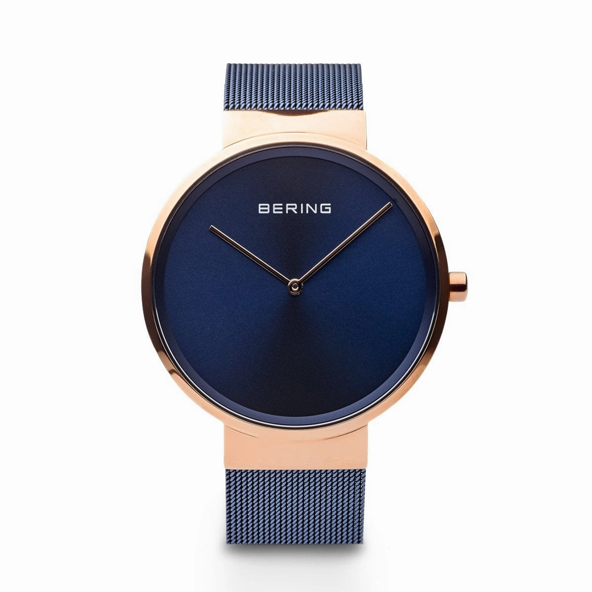 Bering Classic Polished Rose Gold 39mm Blue Mesh Watch 