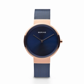 Bering Classic Polished Rose Gold Blue Mesh Watch 