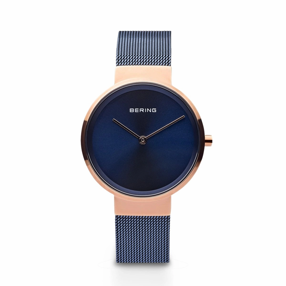 Bering Classic Polished Rose Gold Blue Mesh Watch 