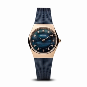 Bering Classic Polished Rose Gold Navy Blue Watch 