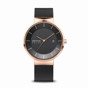 Bering Solar Polised Rose Gold Black Mesh Watch 