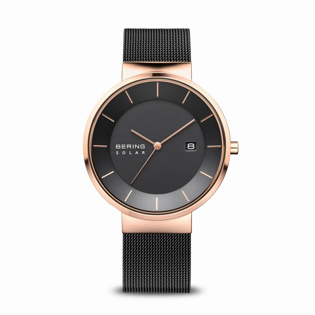 Bering Solar Polised Rose Gold Black Mesh Watch 