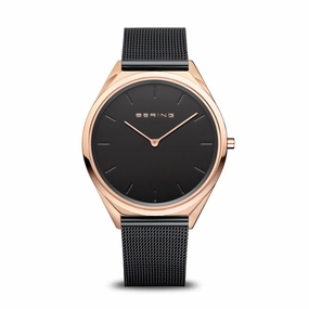 Bering Ultra Slim Polished Rose Gold Black Mesh Watch 