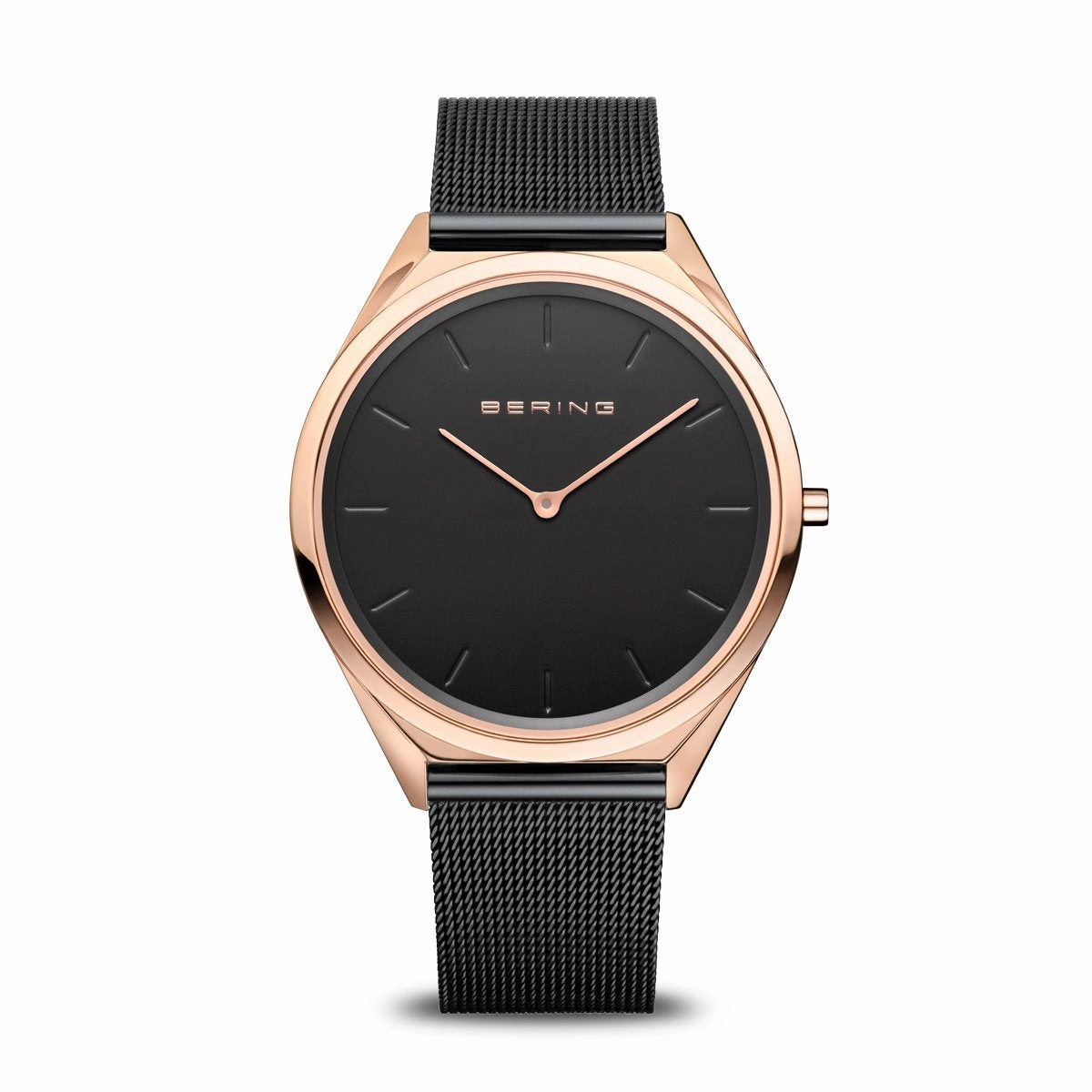 Bering Ultra Slim Polished Rose Gold Black Mesh Watch 
