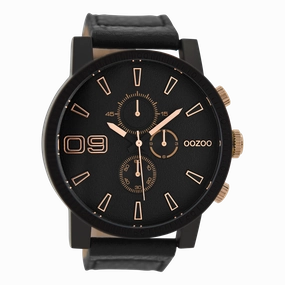 Black OOZOO watch with black leather strap - C9034,seiko watches,mens watches,couple watches,watches designer,watches discount,best watches for men