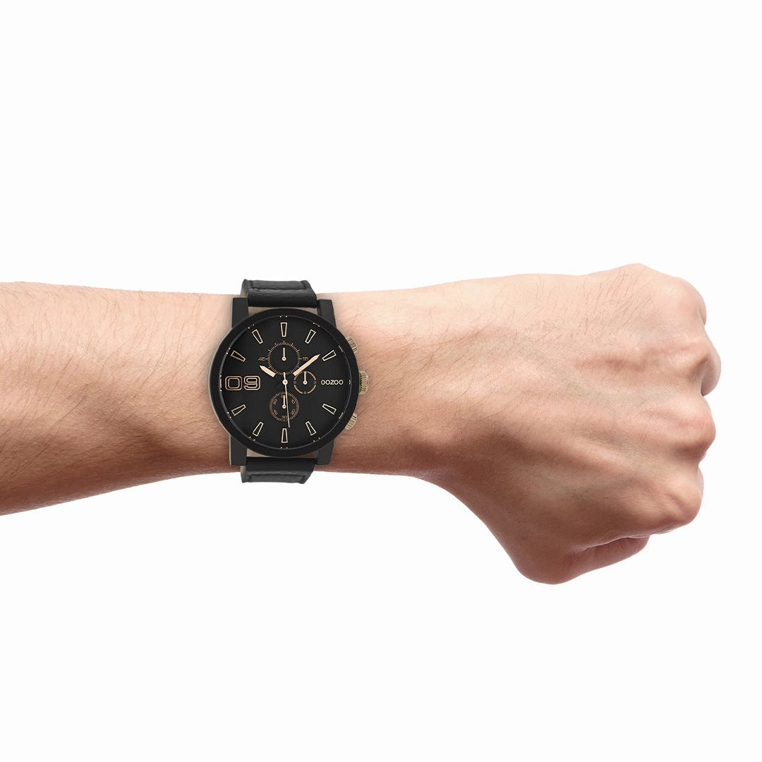 Black OOZOO watch with black leather strap - C9034