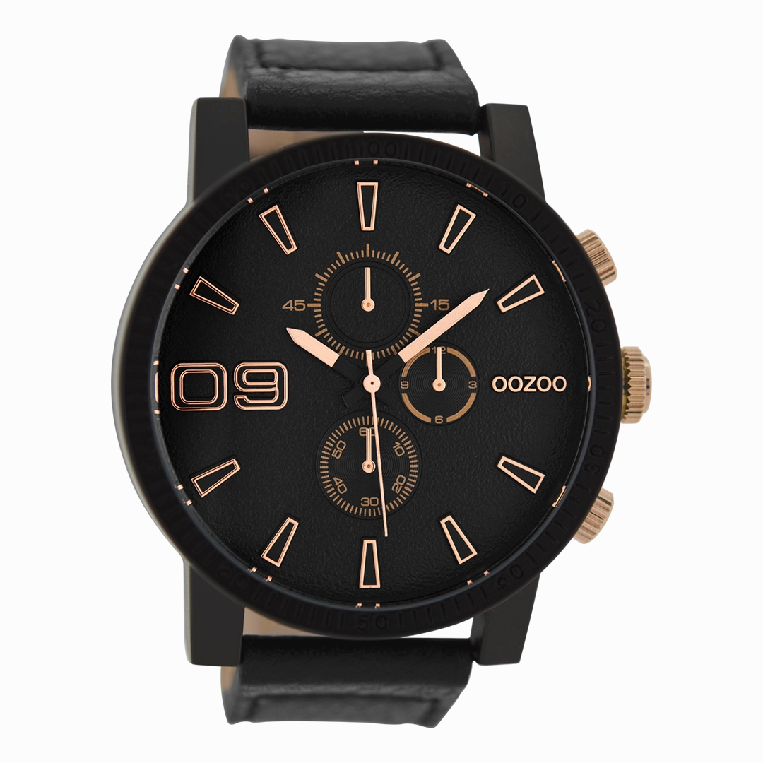 Black OOZOO watch with black leather strap - C9034,seiko watches,mens watches,couple watches,watches designer,watches discount,best watches for men
