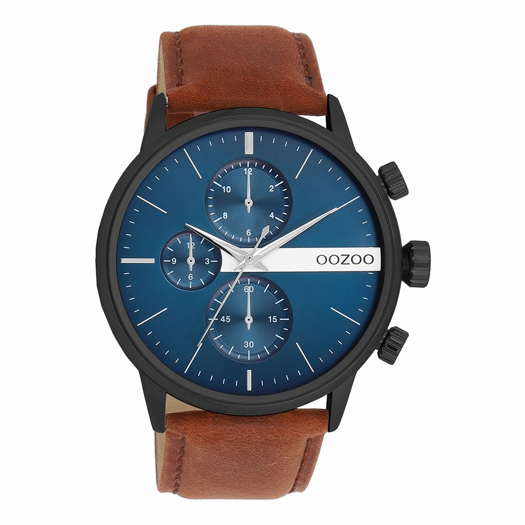 Black OOZOO watch with brown leather strap - C11222,seiko watches,mens watches,couple watches,watches designer,watches discount,best watches for men