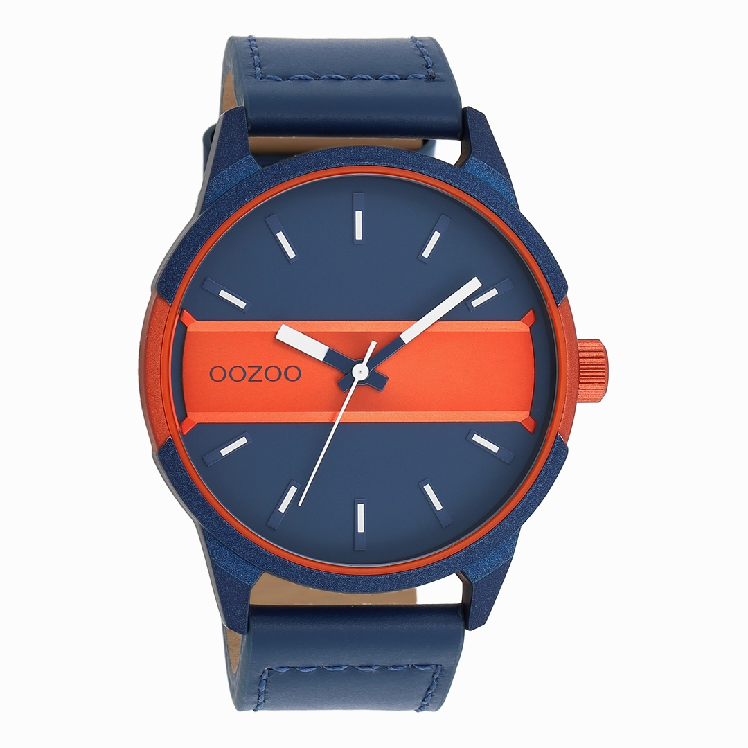 Blue/fluo orange OOZOO watch with blue leather strap - C11232,seiko watches,mens watches,couple watches,watches designer,watches discount,best watches for men