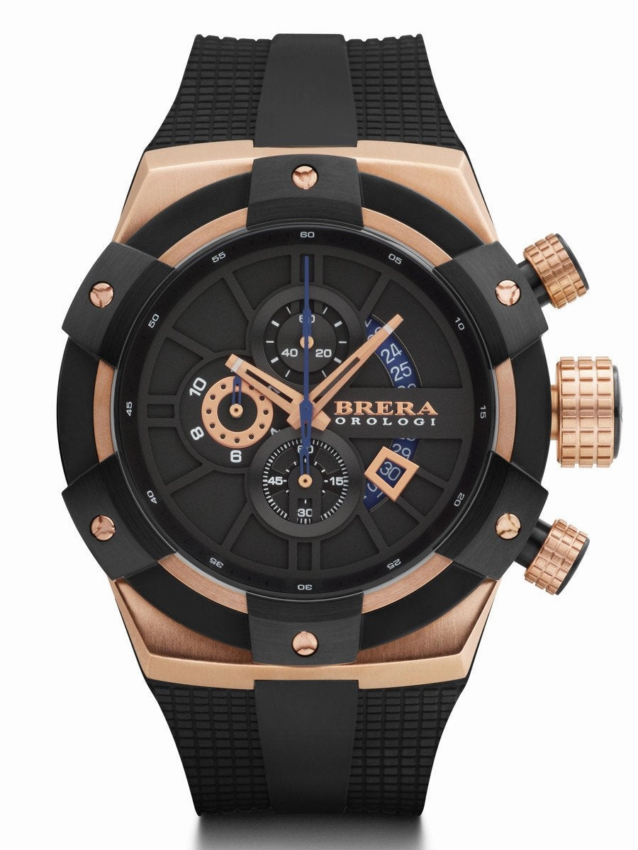 Brera Orologi SUPERSPORTIVO Men's Italian 48mm Black Rosegold IP Watch BRSSC4902 Hypoallergenic Silicone Watch Discount Silicone Watches