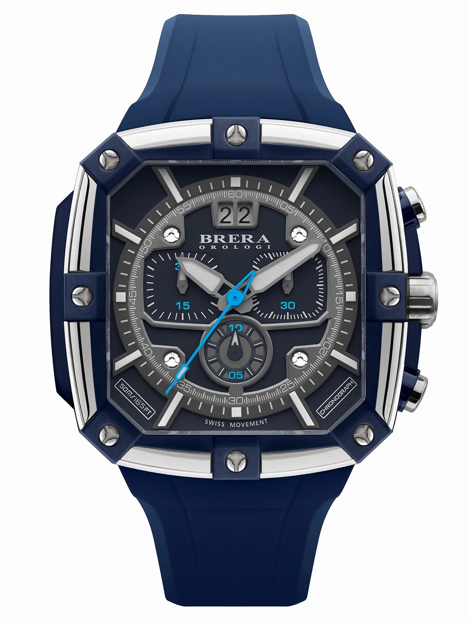 Brera Orologi SUPERSPORTIVO SQUARE Men's Swiss Made Blue 46mm Watch BRSS2C4606 Hypoallergenic Silicone Watch Discount Silicone Watches