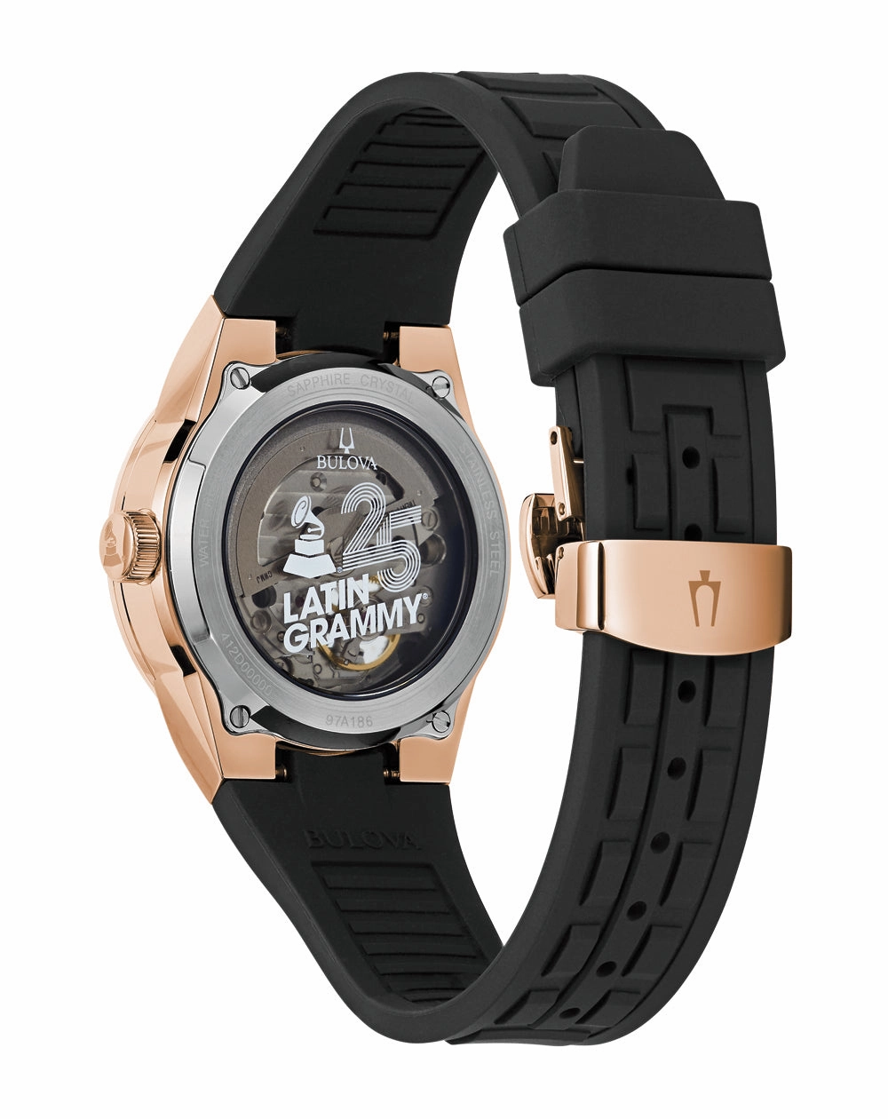 Bulova Latin Grammy 25th Anniversary Rose Gold Tone Automatic Watch with Open Heart Dial and Silicone Strap 97A186