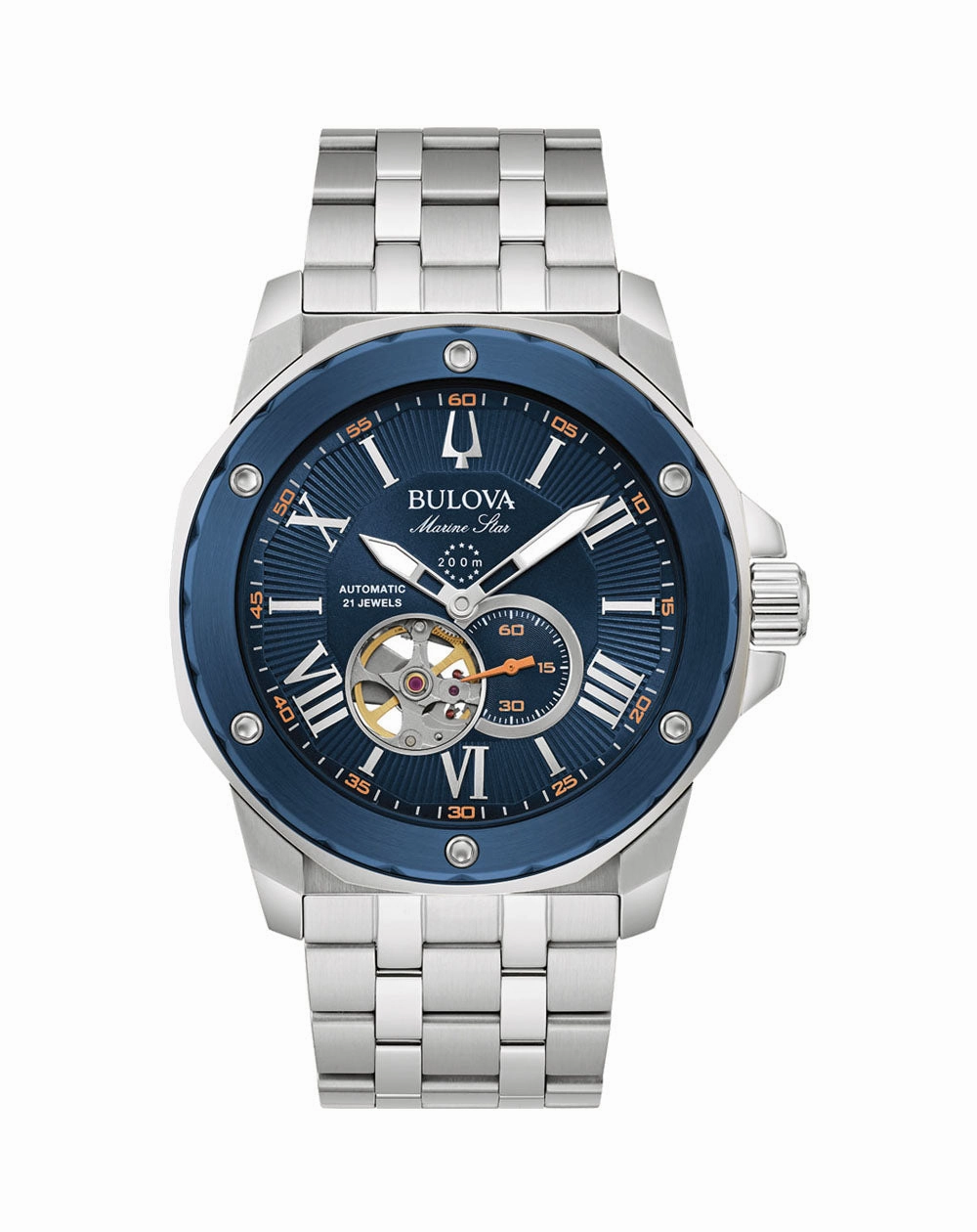 Bulova Marine Star 21-Jewel Automatic Men's Watch with Blue Accents and Exhibition Case Back 98A302 