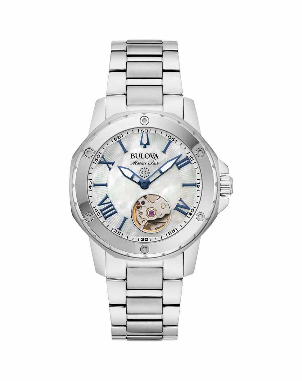 Bulova Marine Star Stainless Steel Automatic Watch with Mother of Pearl Dial for Women SKU 96L326 