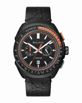 Bulova Racer Chronograph Watch with Black Leather Strap and Orange Accents 98B428 