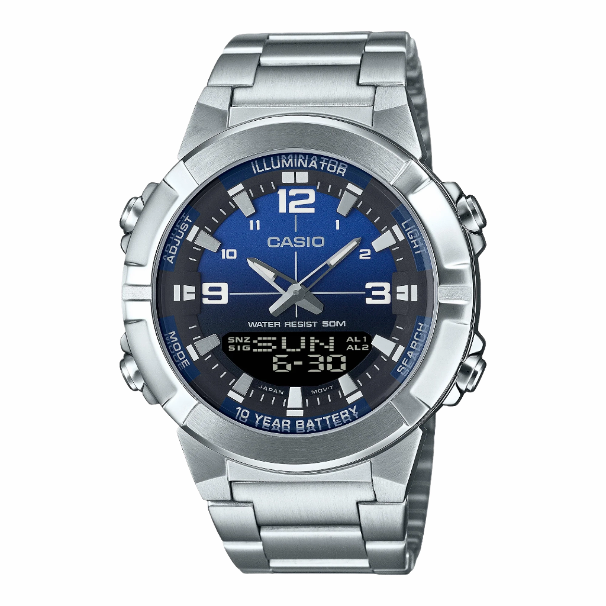 Casio Analog Digital Combination Blue Dial Stainless Steel Watch AMW870DA-2A1,quartz watch, quartz watches for men, quartz watches for women, best quartz watch, minimalist quartz watch, luxury quartz watch, waterproof quartz watch,analog quartz watch, digi