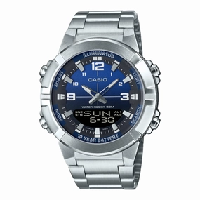 Casio Analog Digital Combination Blue Dial Stainless Steel Watch AMW870DA-2A1,quartz watch, quartz watches for men, quartz watches for women, best quartz watch, minimalist quartz watch, luxury quartz watch, waterproof quartz watch,analog quartz watch, digi