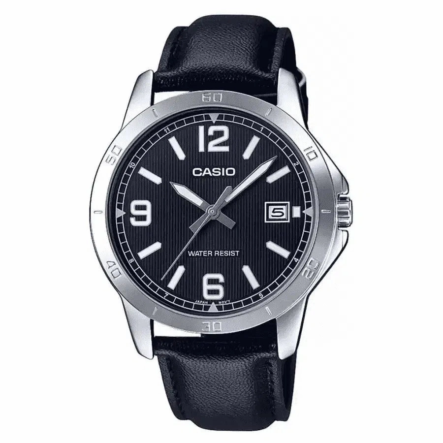 Casio MTP-V004L-1B Black Leather Watch for Men Affordable casual watches Sporty casual watches Affordable luxury casual watches