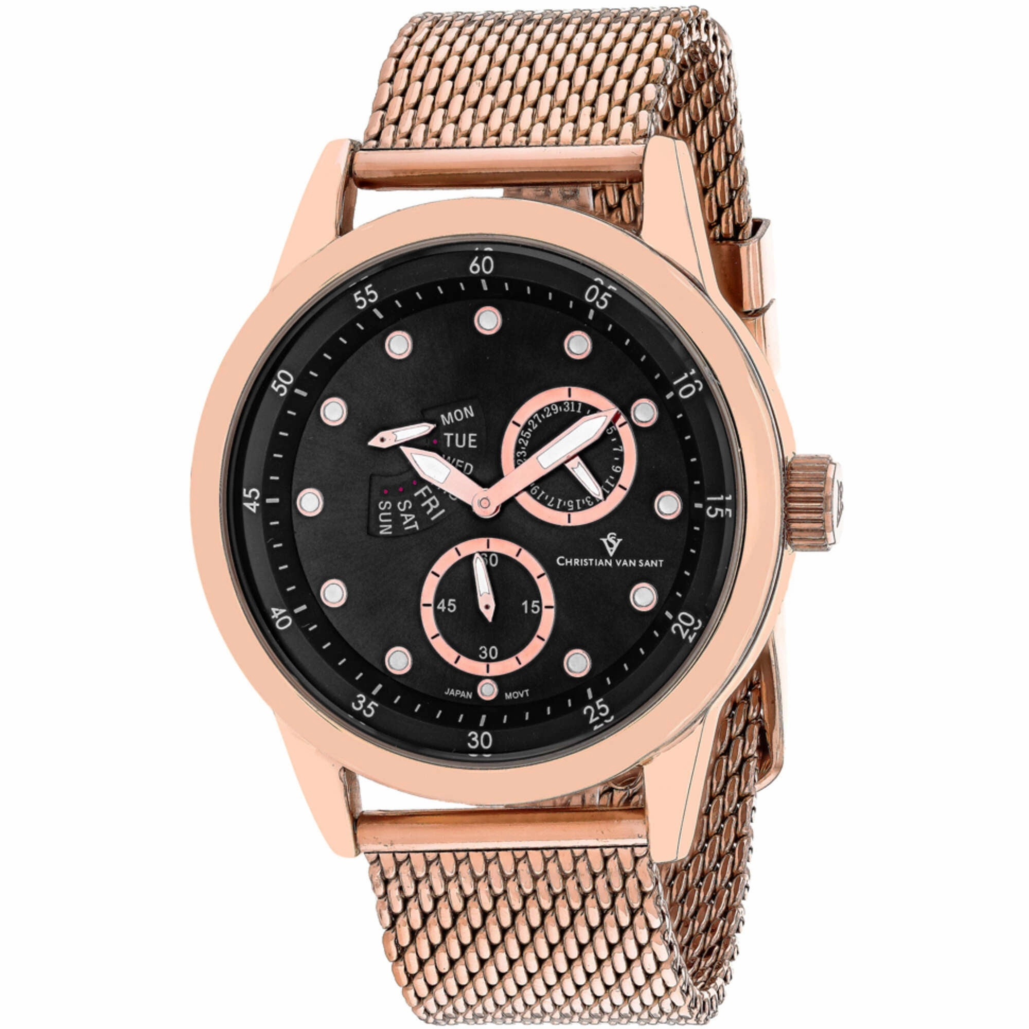 Christian Van Sant Men's Watch - Rio Quartz Black Dial Rose Gold Bracelet | CV8714 