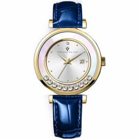Christian Van Sant Women's Watch - Bria Silver Tone Dial Blue Leather Strap | CV3813 Luxury Quartz Watch Quartz Watch Sale