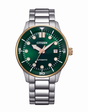 Citizen Automatic Silver Stainless Steel Gold Bezel Green Dial Watch NJ0196-80X 